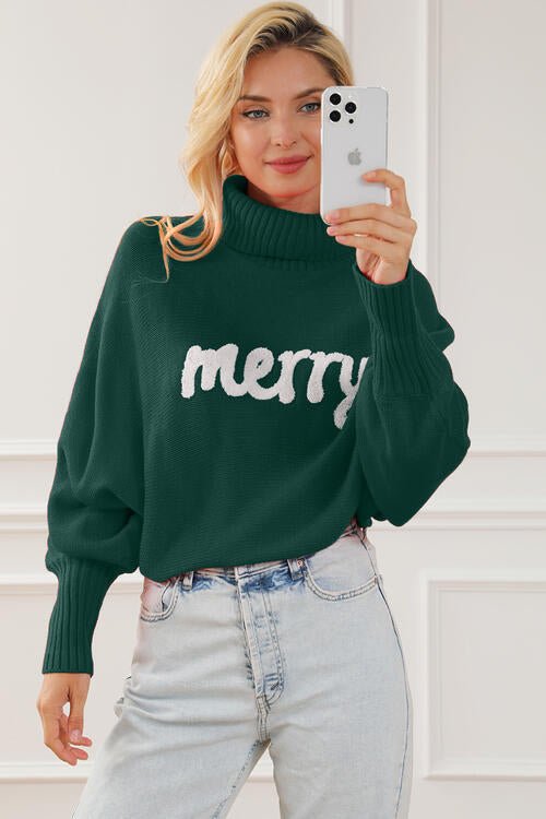 Merry Letter Embroidered High Neck Sweater - Global Village Kailua Boutique