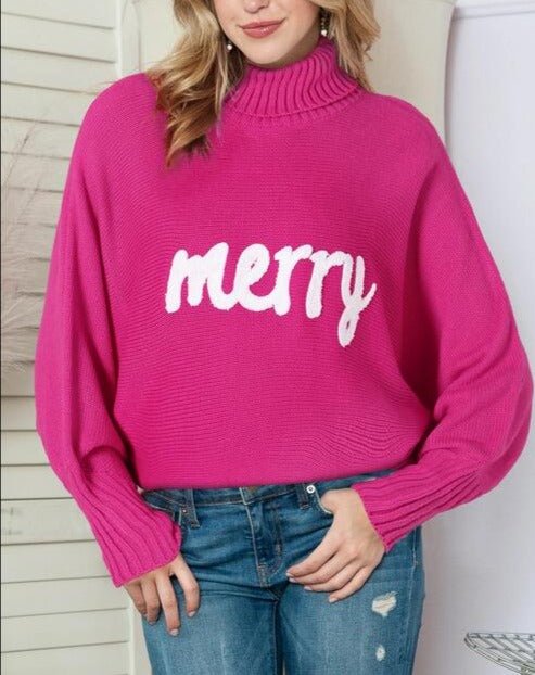 Merry Letter Embroidered High Neck Sweater - Global Village Kailua Boutique