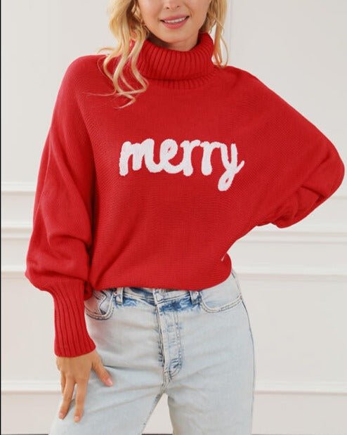 Merry Letter Embroidered High Neck Sweater - Global Village Kailua Boutique