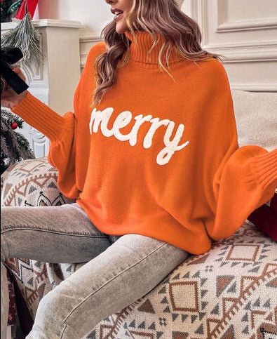Merry Letter Embroidered High Neck Sweater - Global Village Kailua Boutique