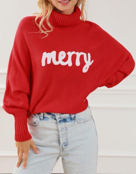 Merry Letter Embroidered High Neck Sweater - Global Village Kailua Boutique