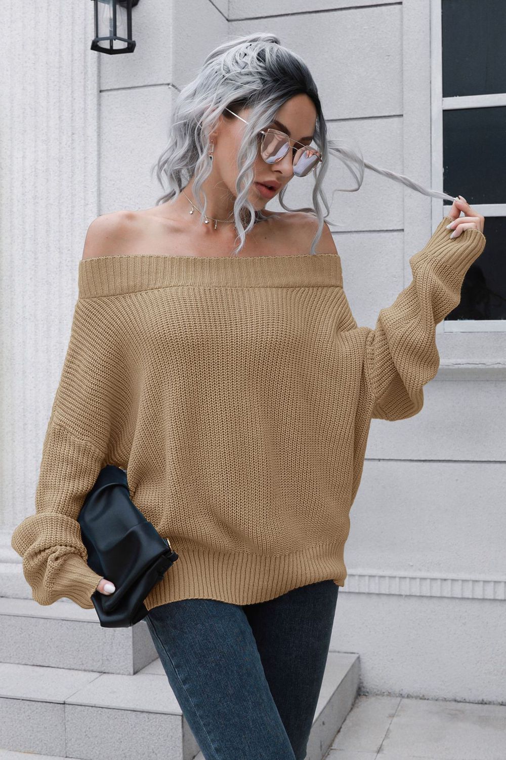 Off-Shoulder Ribbed Long Sleeve Pullover Sweater - Global Village Kailua Boutique