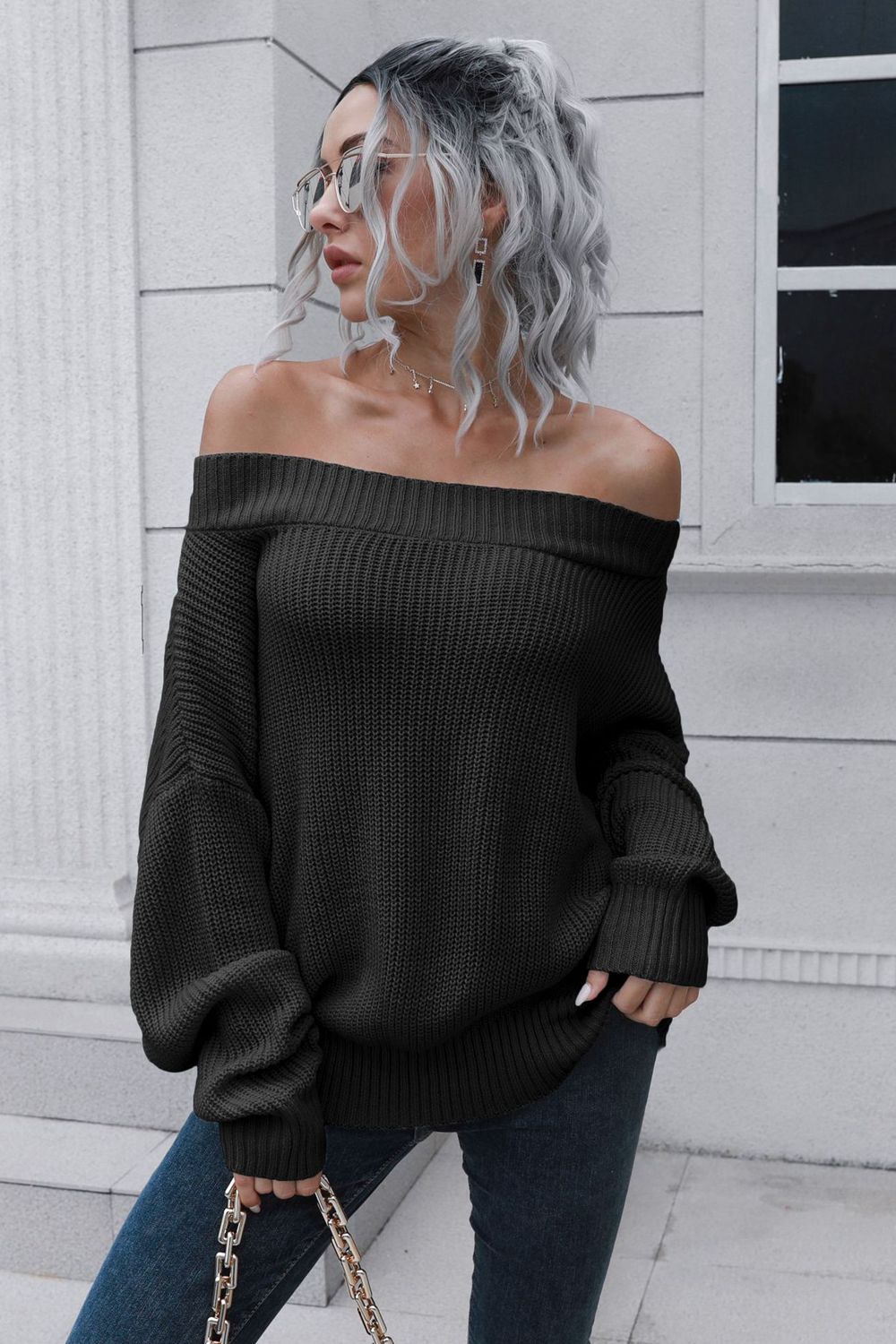 Off-Shoulder Ribbed Long Sleeve Pullover Sweater - Global Village Kailua Boutique
