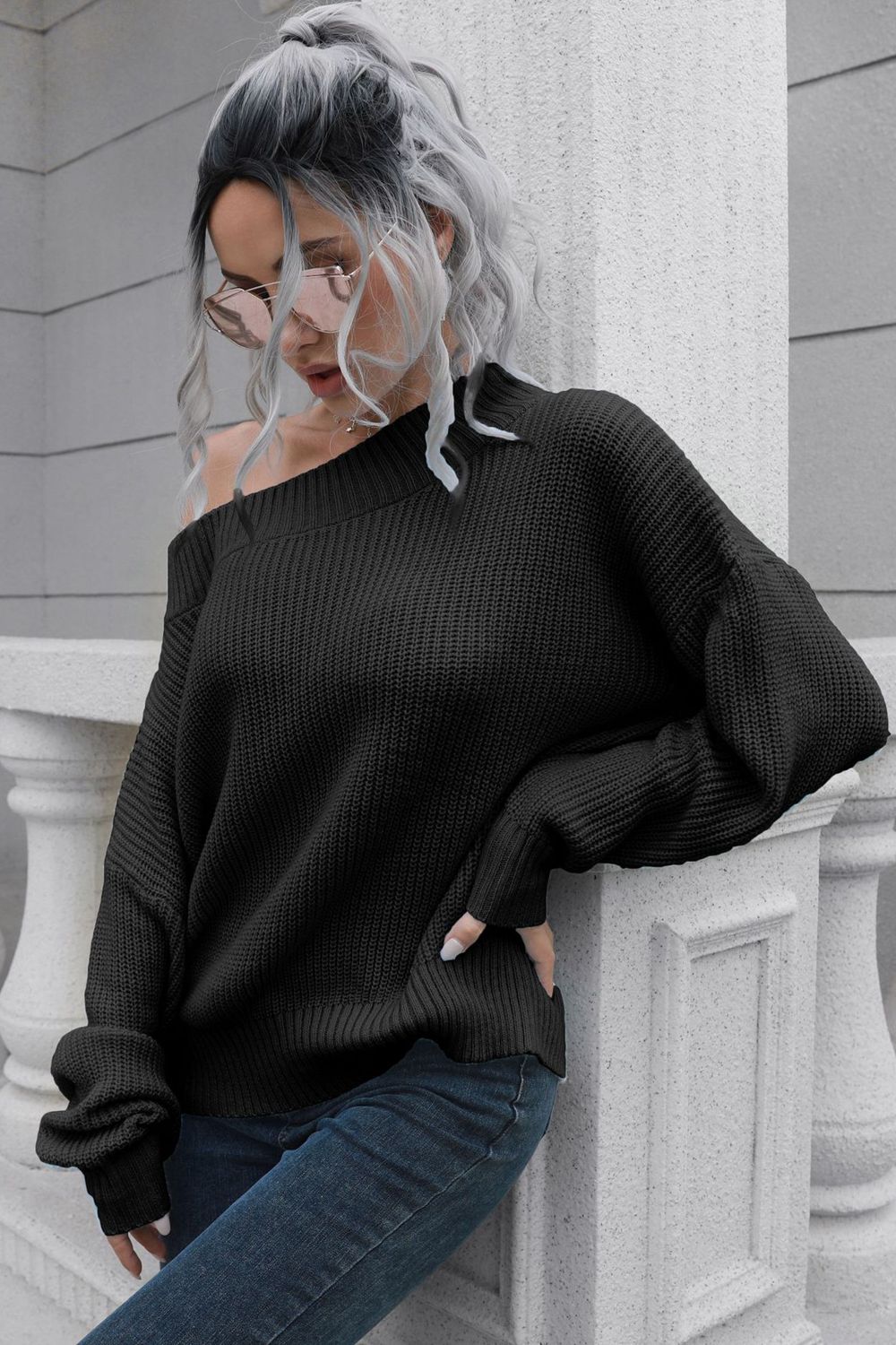 Off-Shoulder Ribbed Long Sleeve Pullover Sweater - Global Village Kailua Boutique