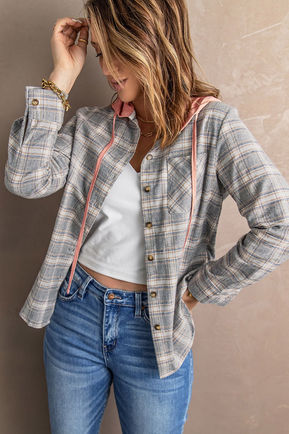 Plaid Drawstring Hooded Shirt Jacket - Global Village Kailua Boutique