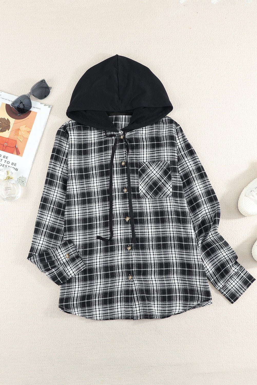 Plaid Drawstring Hooded Shirt Jacket - Global Village Kailua Boutique