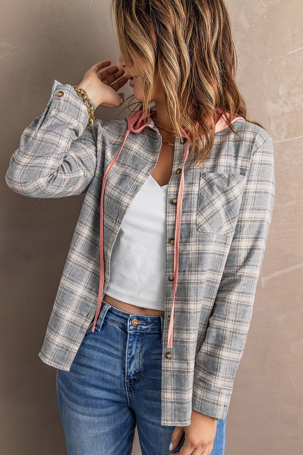 Plaid Drawstring Hooded Shirt Jacket - Global Village Kailua Boutique
