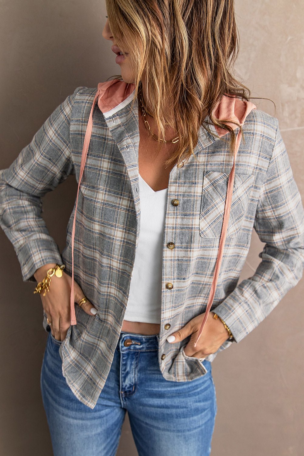 Plaid Drawstring Hooded Shirt Jacket - Global Village Kailua Boutique