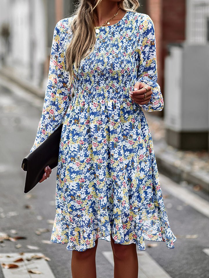 Printed Round Neck Long Sleeve Smocked Dress - Global Village Kailua Boutique