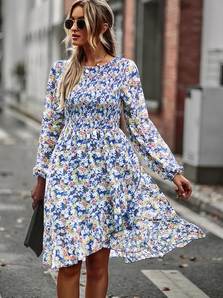 Printed Round Neck Long Sleeve Smocked Dress - Global Village Kailua Boutique