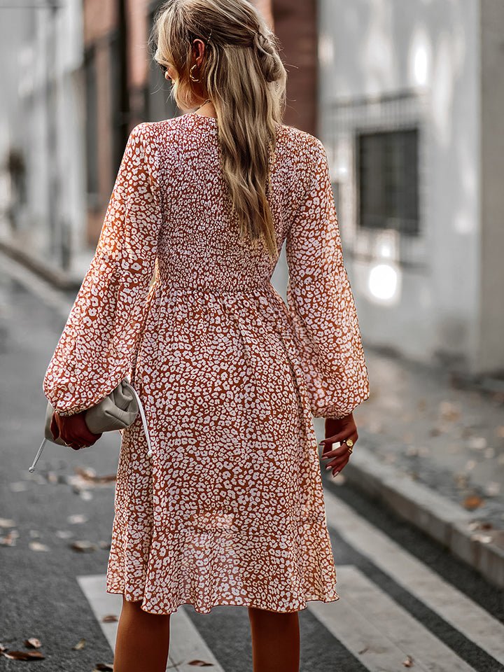 Printed Round Neck Long Sleeve Smocked Dress - Global Village Kailua Boutique