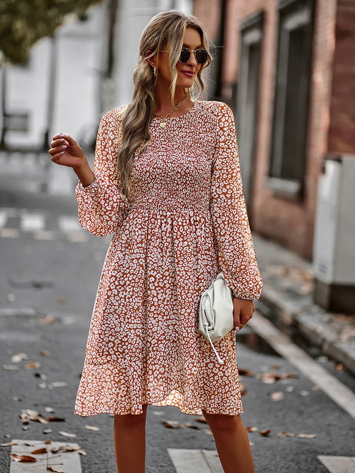 Printed Round Neck Long Sleeve Smocked Dress - Global Village Kailua Boutique