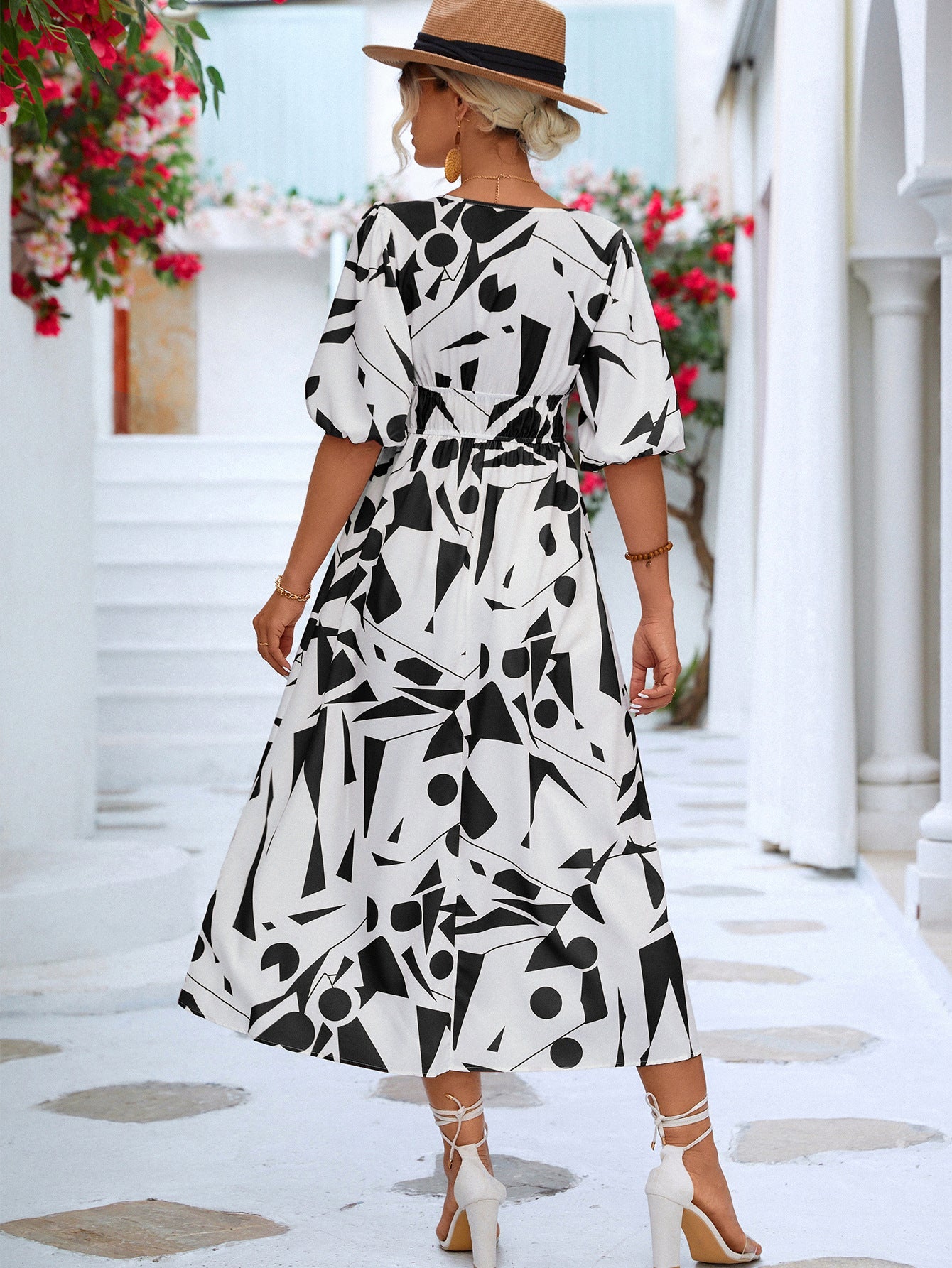 Printed Surplice Balloon Sleeve Dress - Global Village Kailua Boutique