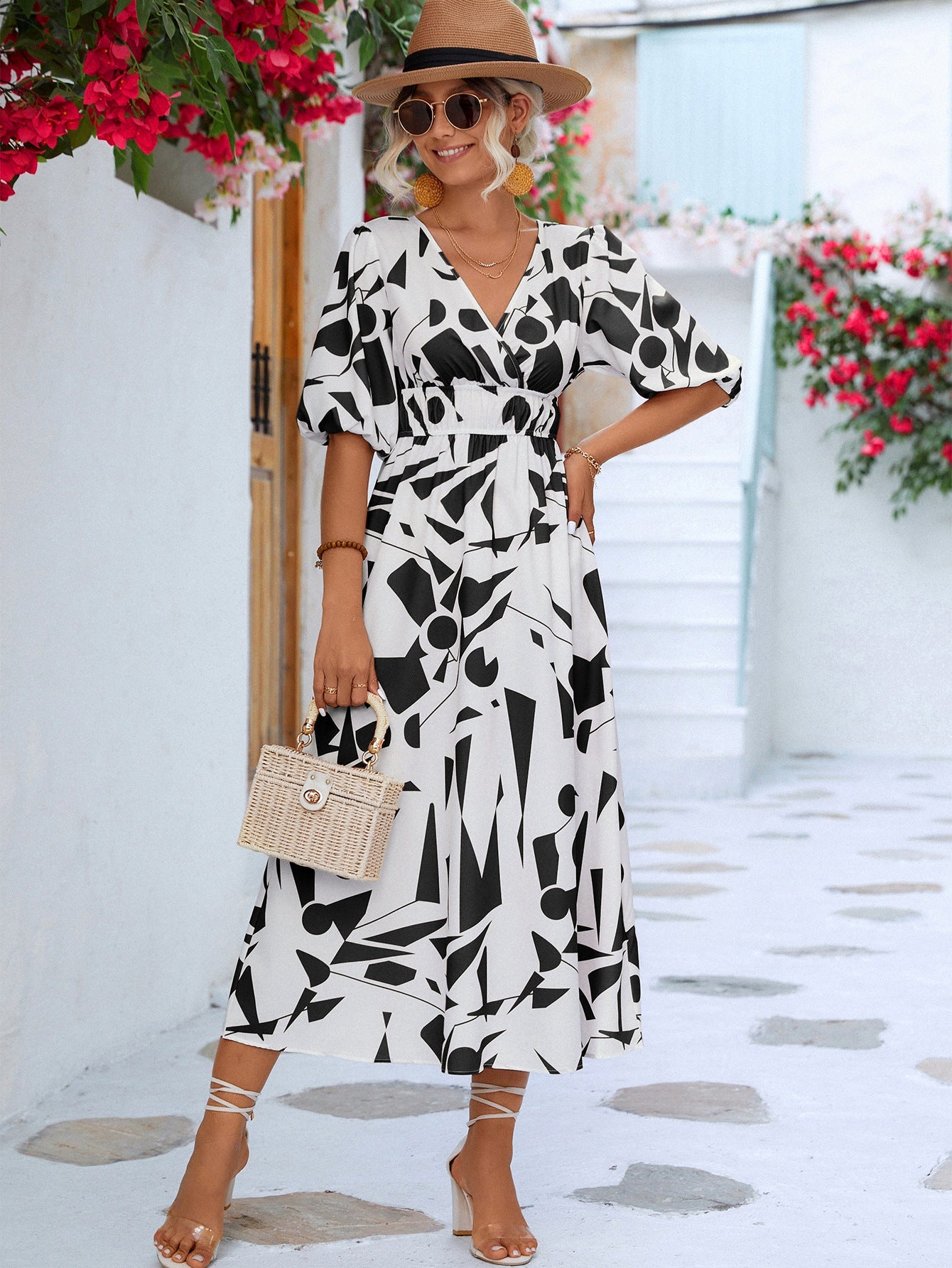 Printed Surplice Balloon Sleeve Dress - Global Village Kailua Boutique