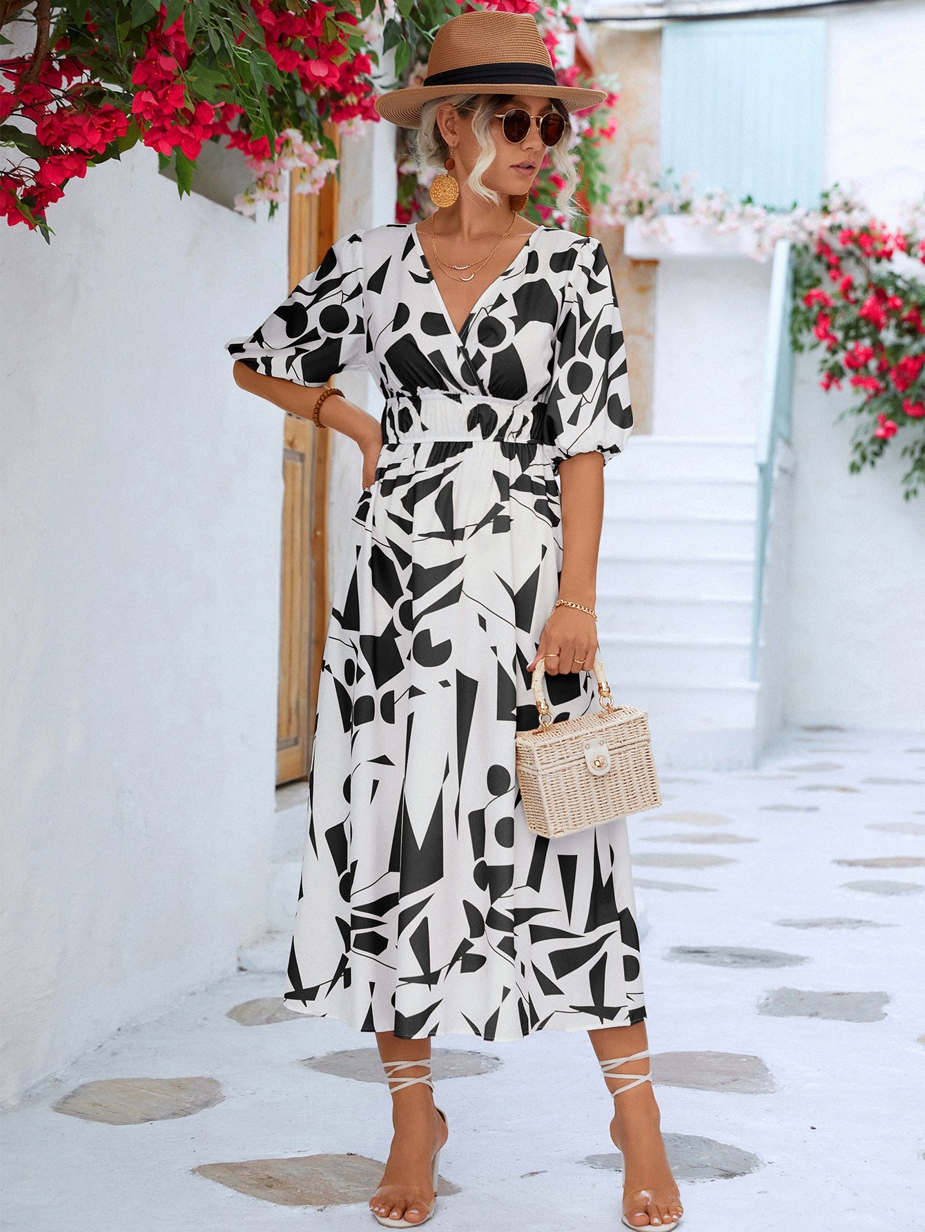 Printed Surplice Balloon Sleeve Dress - Global Village Kailua Boutique
