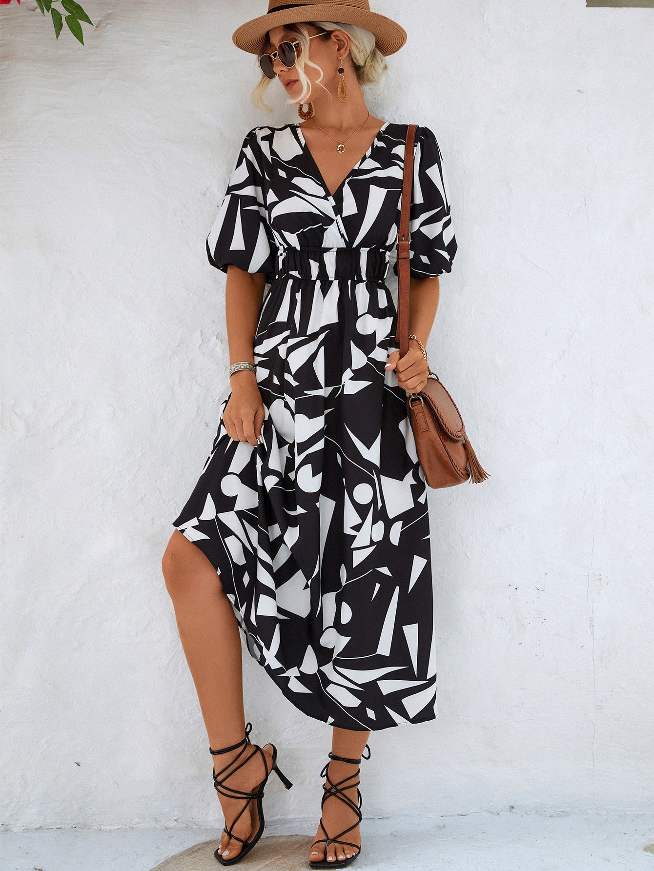 Printed Surplice Balloon Sleeve Dress - Global Village Kailua Boutique
