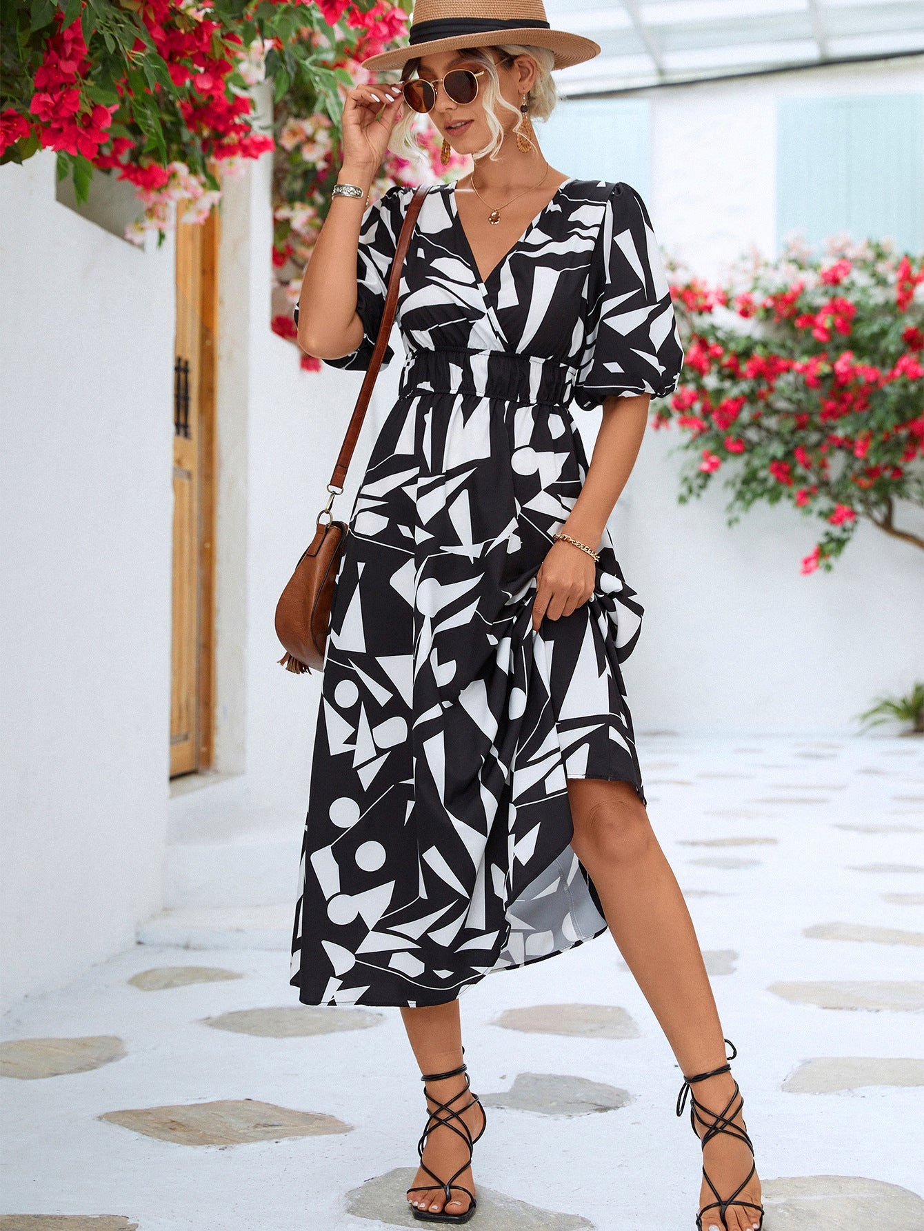 Printed Surplice Balloon Sleeve Dress - Global Village Kailua Boutique