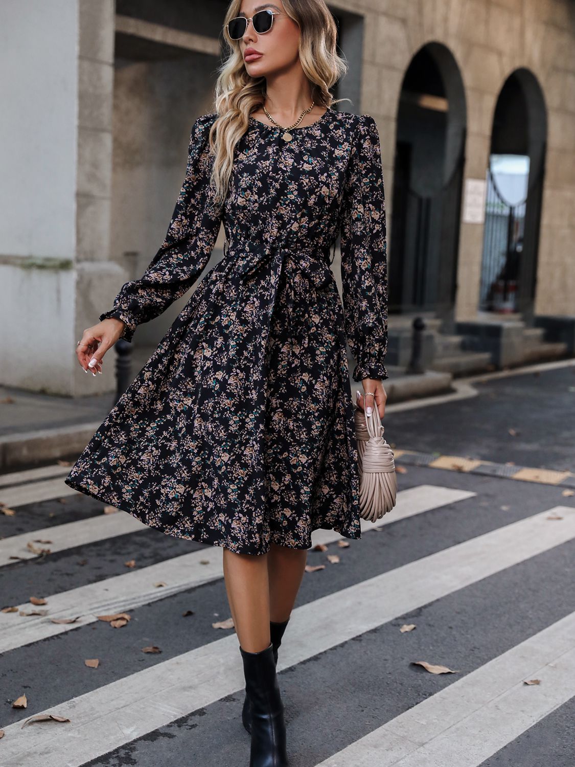 Printed Tie Belt Balloon Sleeve Dress - Global Village Kailua Boutique