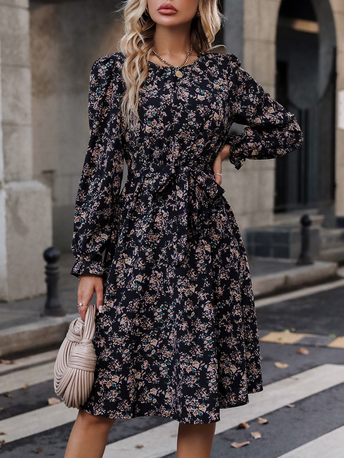 Printed Tie Belt Balloon Sleeve Dress - Global Village Kailua Boutique