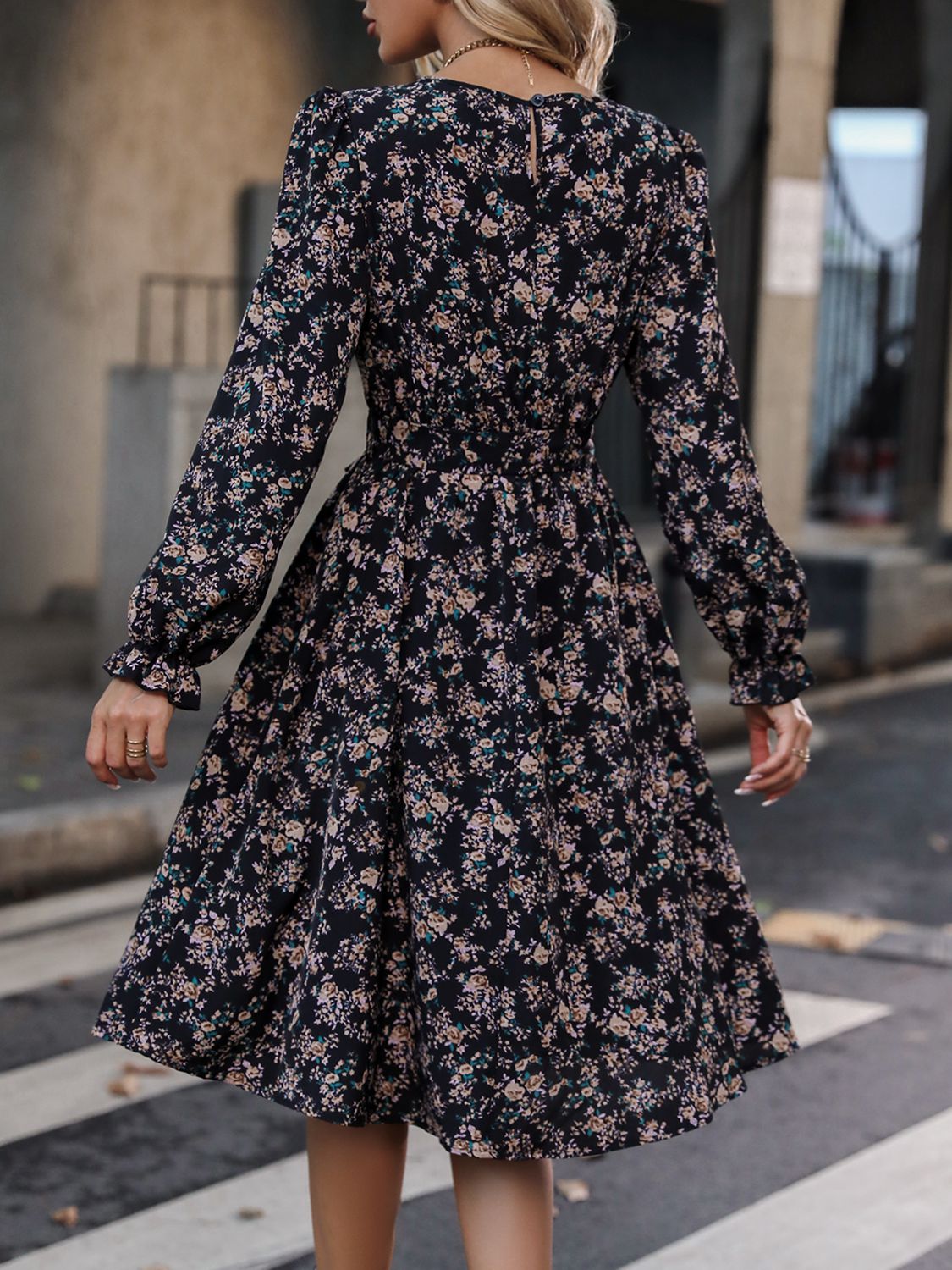 Printed Tie Belt Balloon Sleeve Dress - Global Village Kailua Boutique