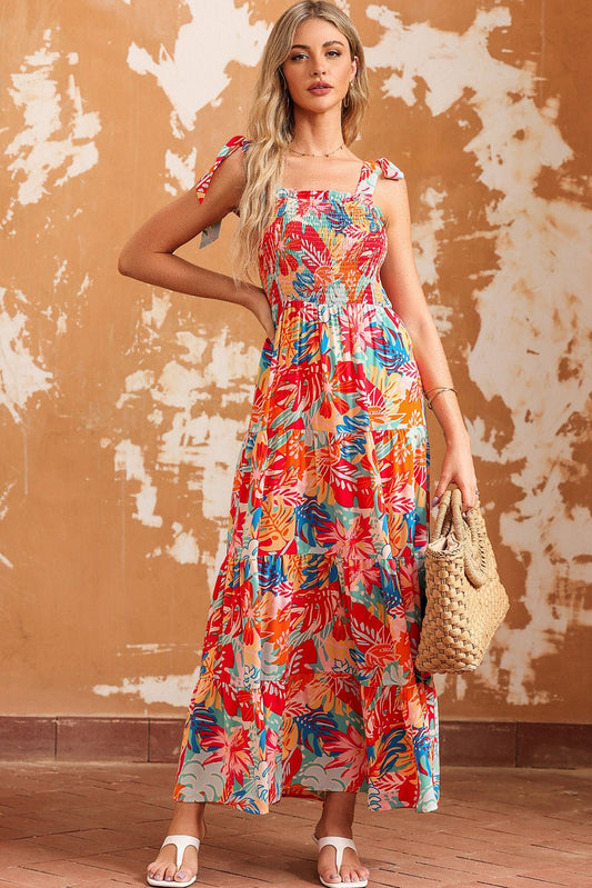 Printed Tie Shoulder Smocked Tiered Maxi Dress Global Village Kailua Boutique