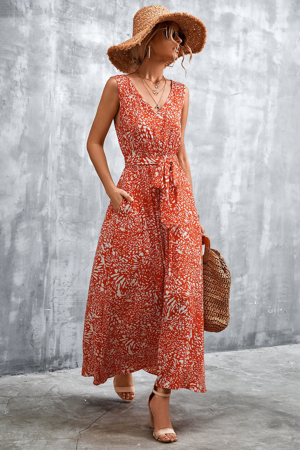 Printed V-Neck Tie Waist Maxi Dress - Global Village Kailua Boutique