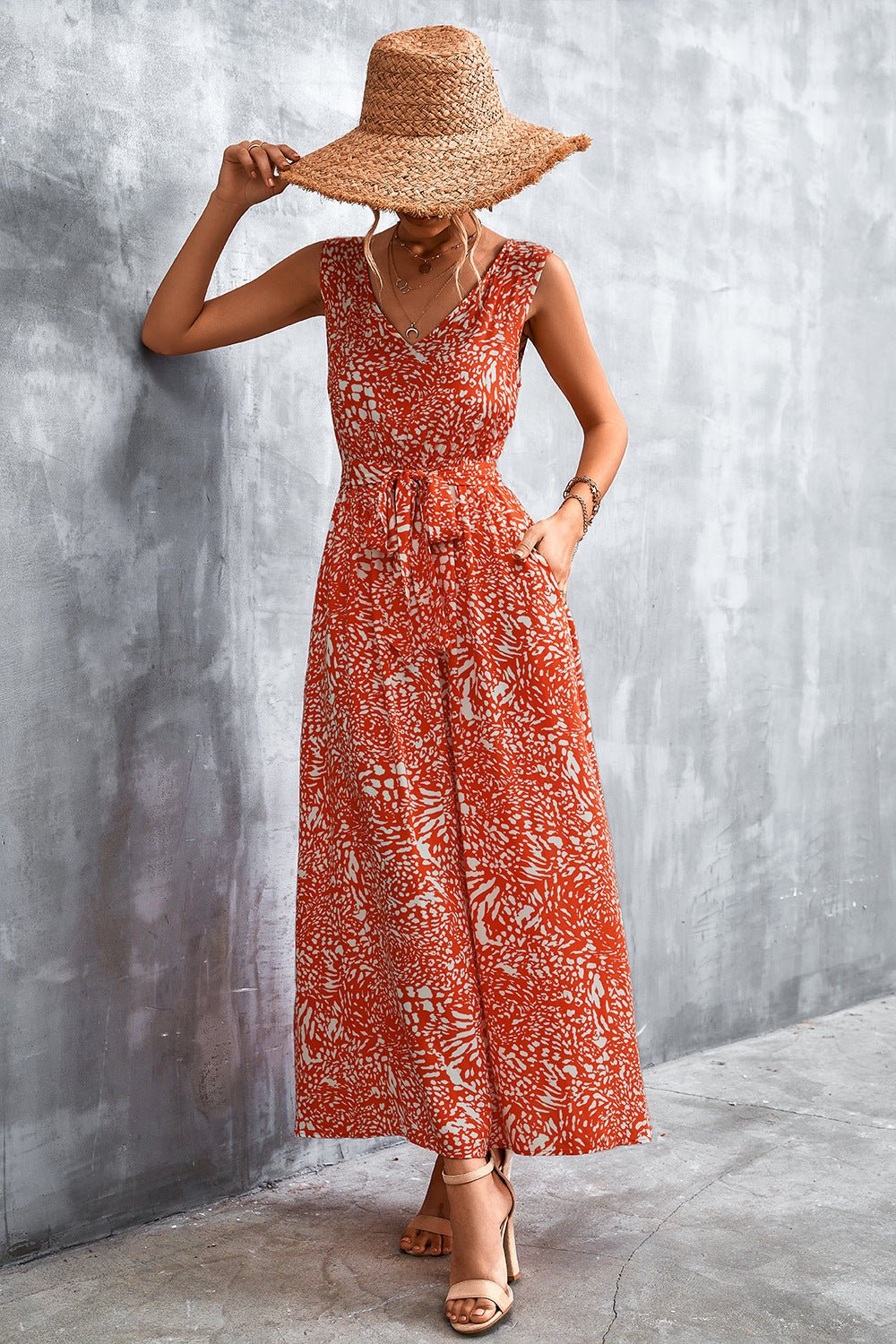 Printed V-Neck Tie Waist Maxi Dress - Global Village Kailua Boutique