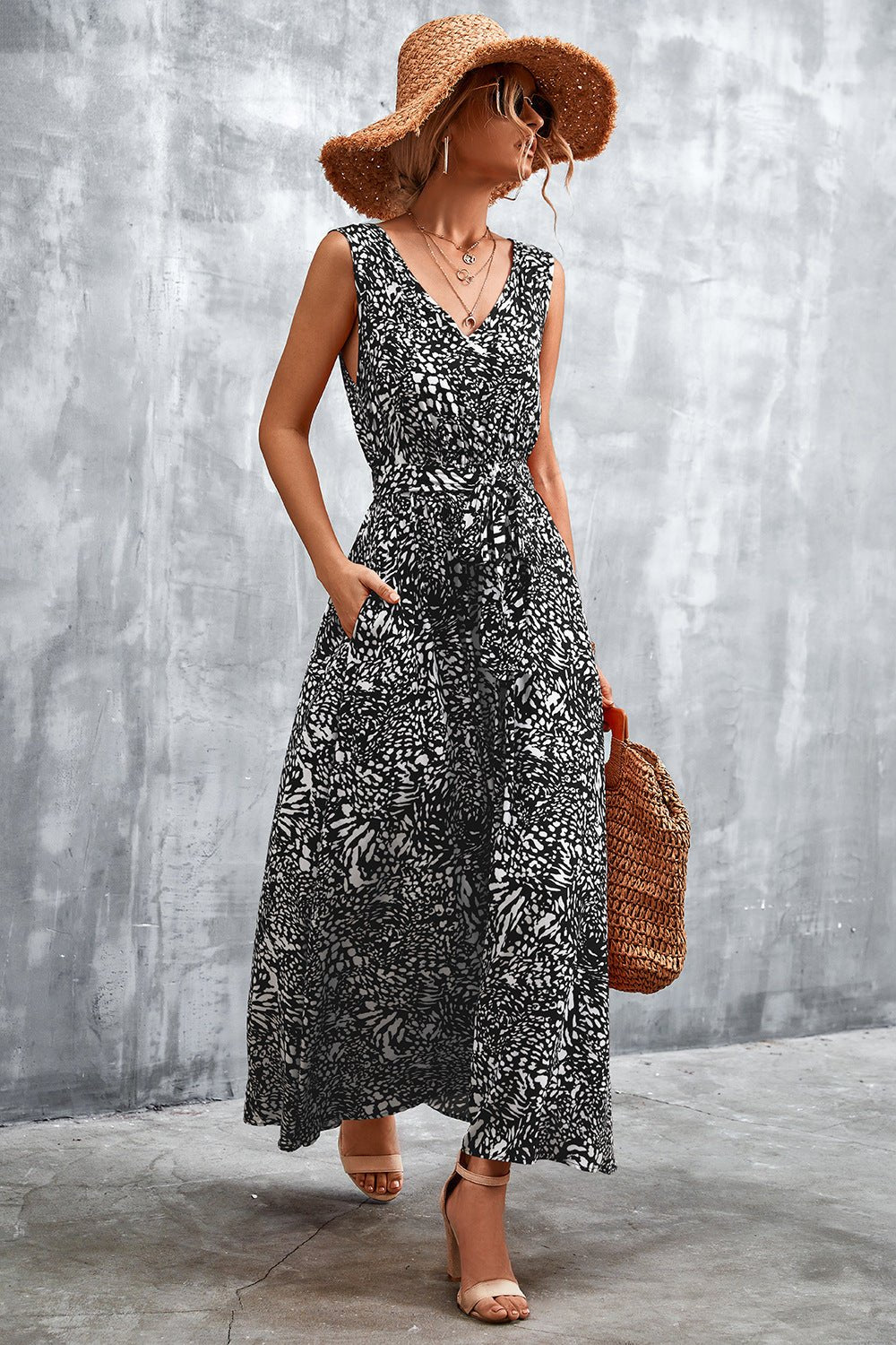 Printed V-Neck Tie Waist Maxi Dress - Global Village Kailua Boutique