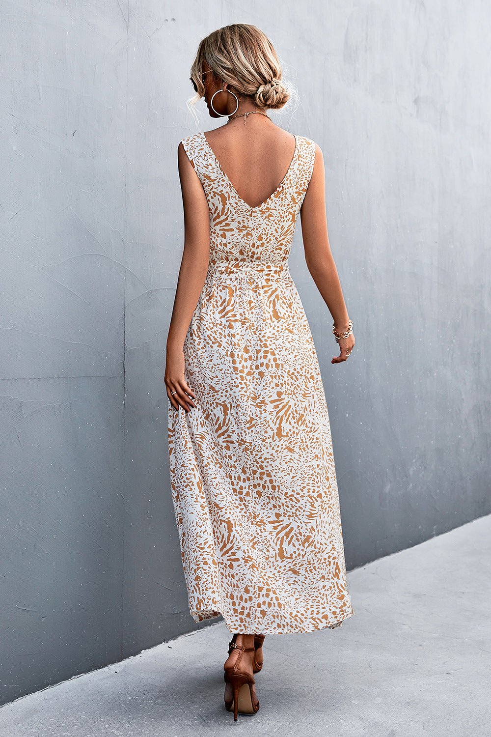 Printed V-Neck Tie Waist Maxi Dress - Global Village Kailua Boutique