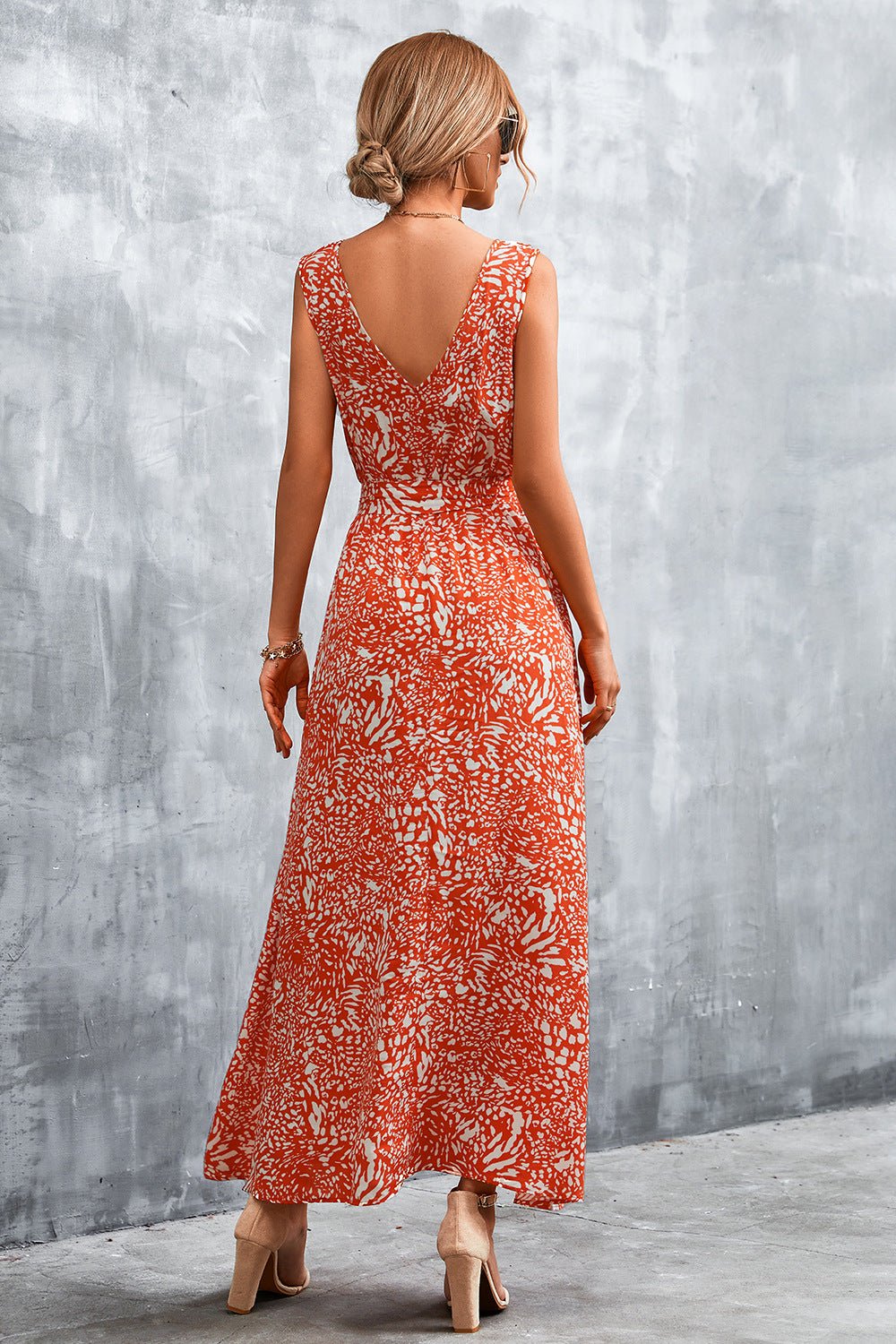 Printed V-Neck Tie Waist Maxi Dress - Global Village Kailua Boutique