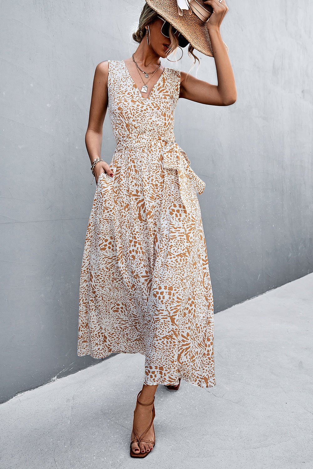 Printed V-Neck Tie Waist Maxi Dress - Global Village Kailua Boutique