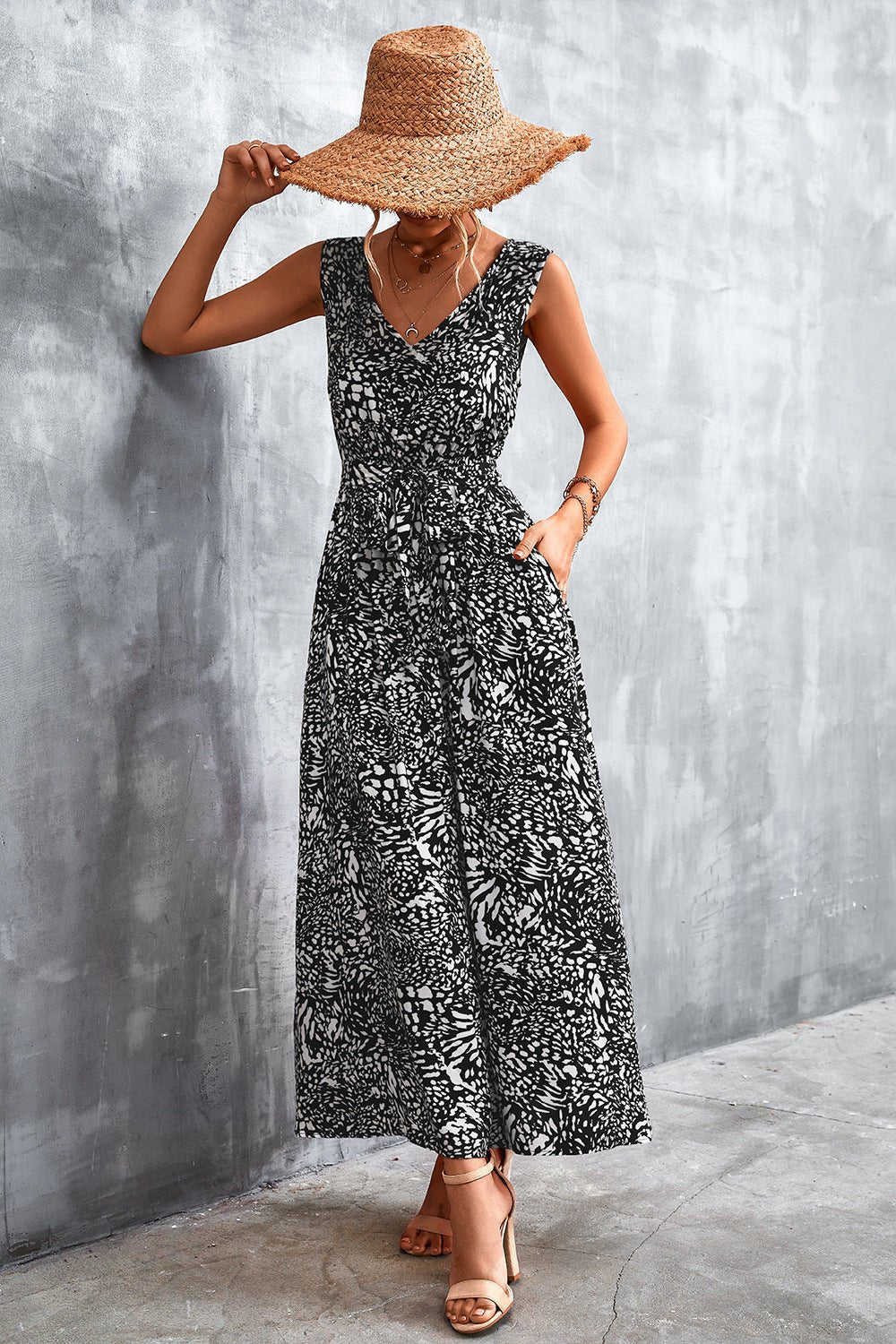 Printed V-Neck Tie Waist Maxi Dress - Global Village Kailua Boutique