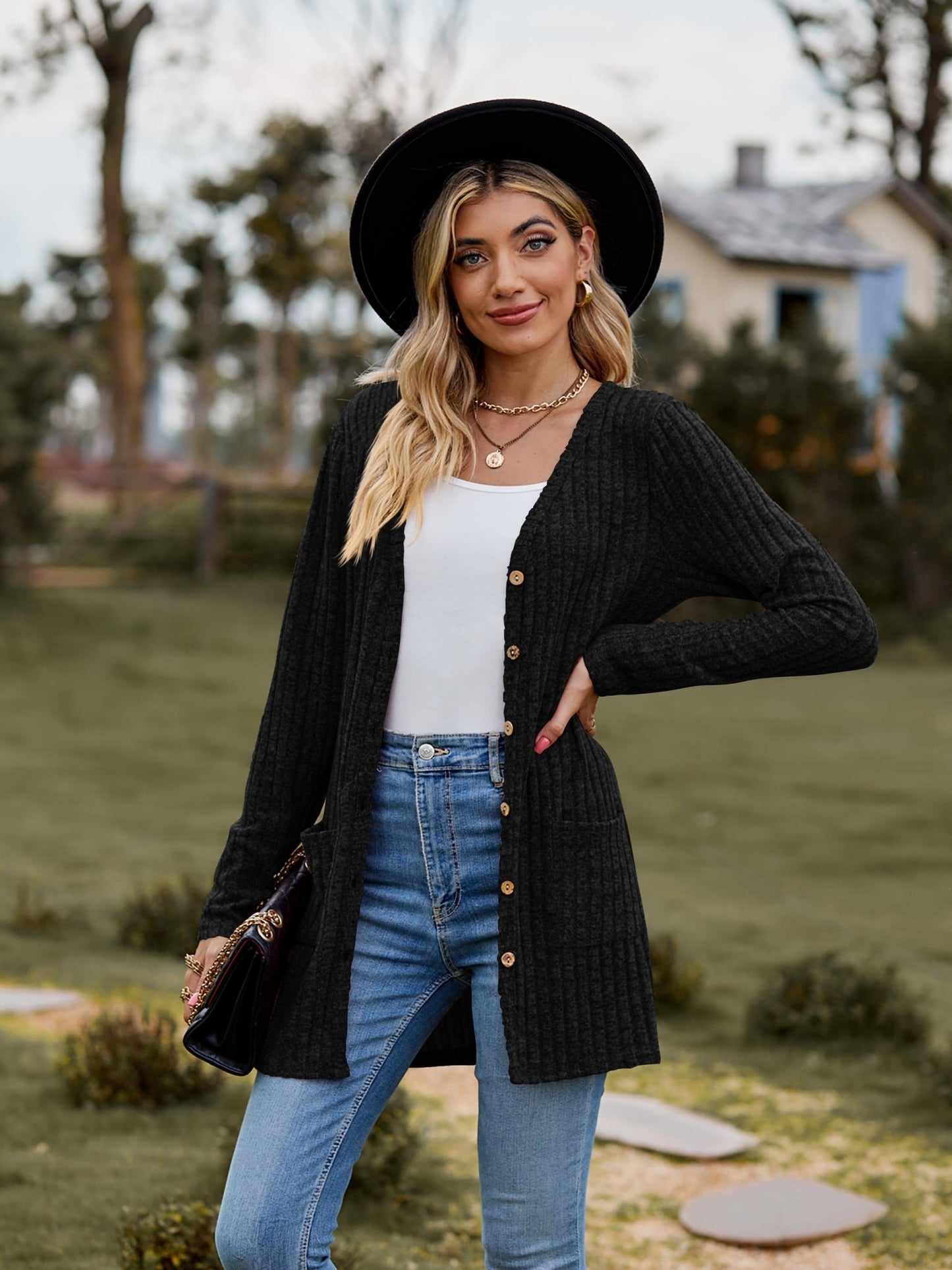 Ribbed Button Cardigan with Pockets - Global Village Kailua Boutique