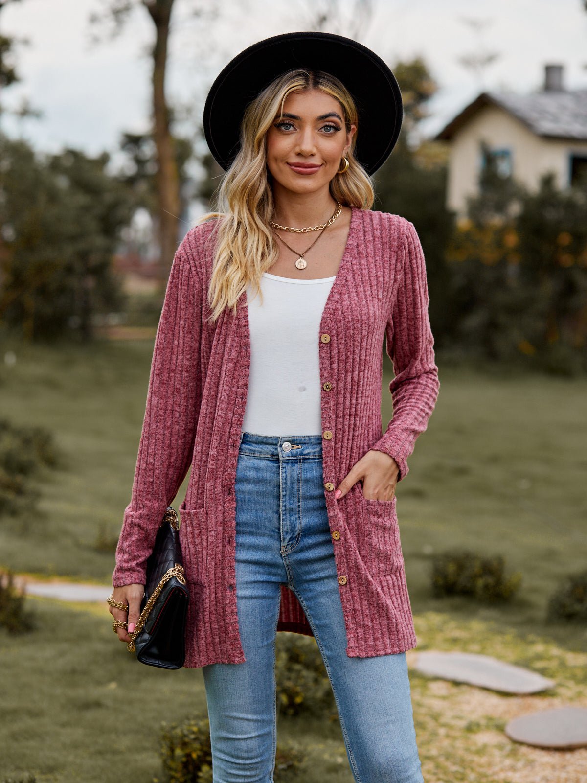Ribbed Button Cardigan with Pockets - Global Village Kailua Boutique