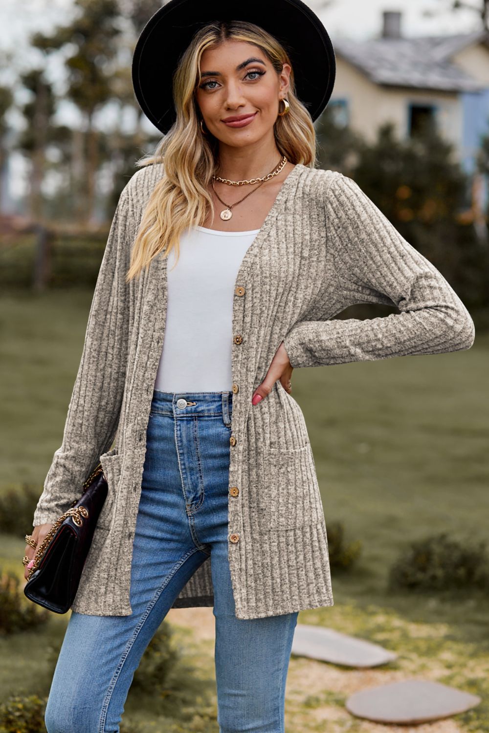 Ribbed Button Cardigan with Pockets - Global Village Kailua Boutique