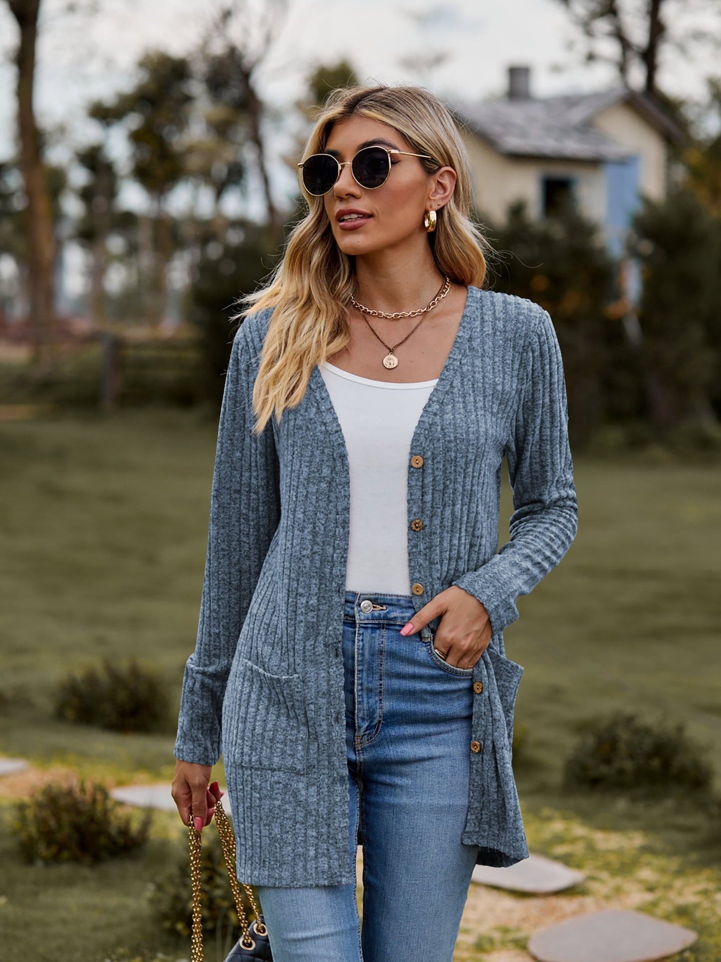 Ribbed Button Cardigan with Pockets - Global Village Kailua Boutique