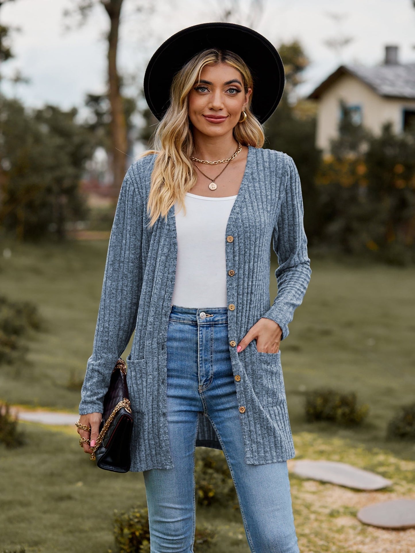 Ribbed Button Cardigan with Pockets - Global Village Kailua Boutique