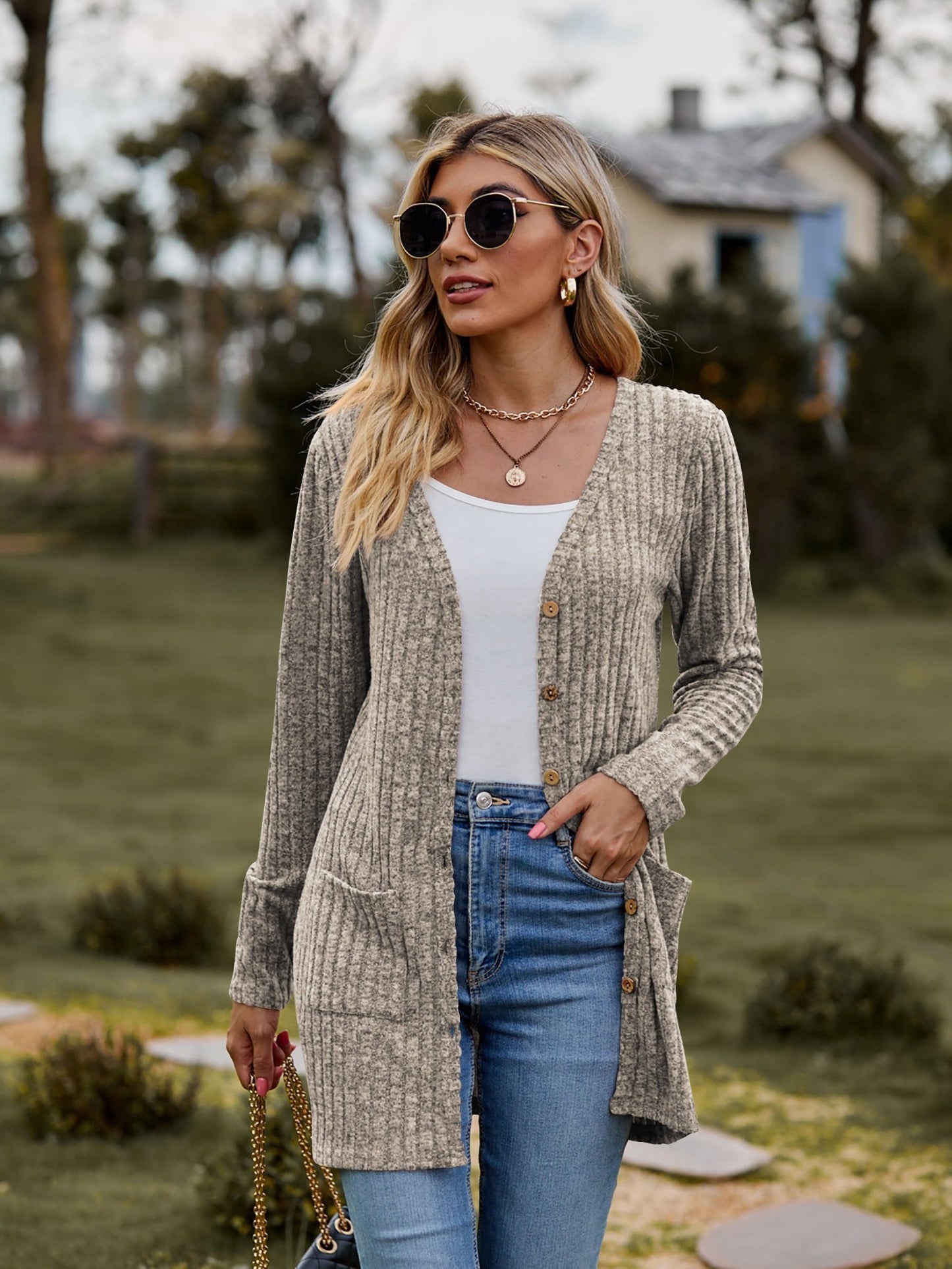 Ribbed Button Cardigan with Pockets - Global Village Kailua Boutique