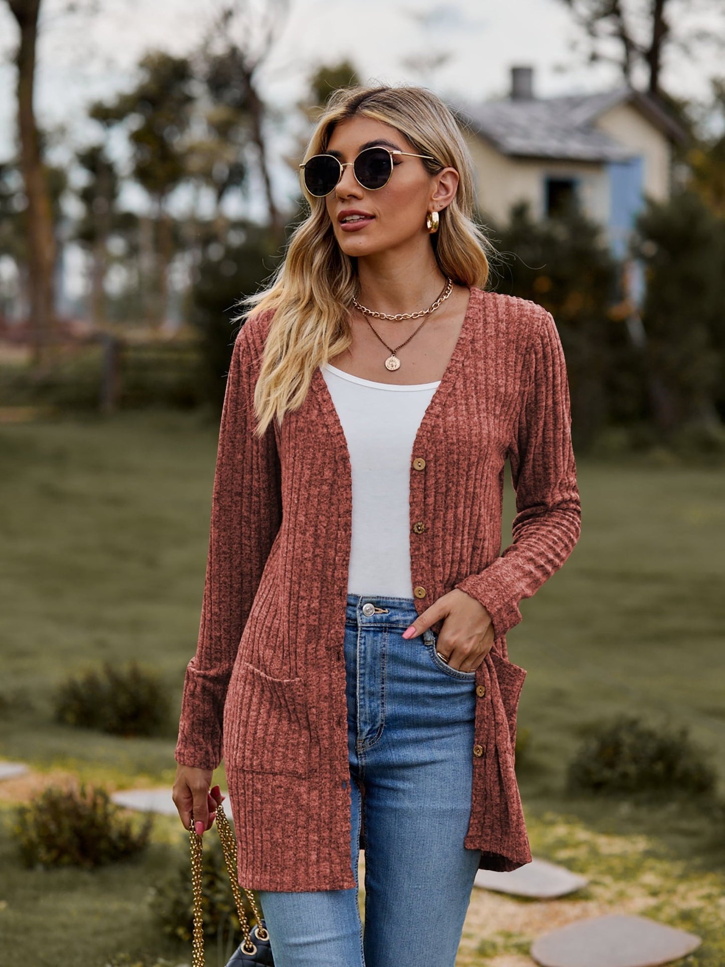 Ribbed Button Cardigan with Pockets - Global Village Kailua Boutique