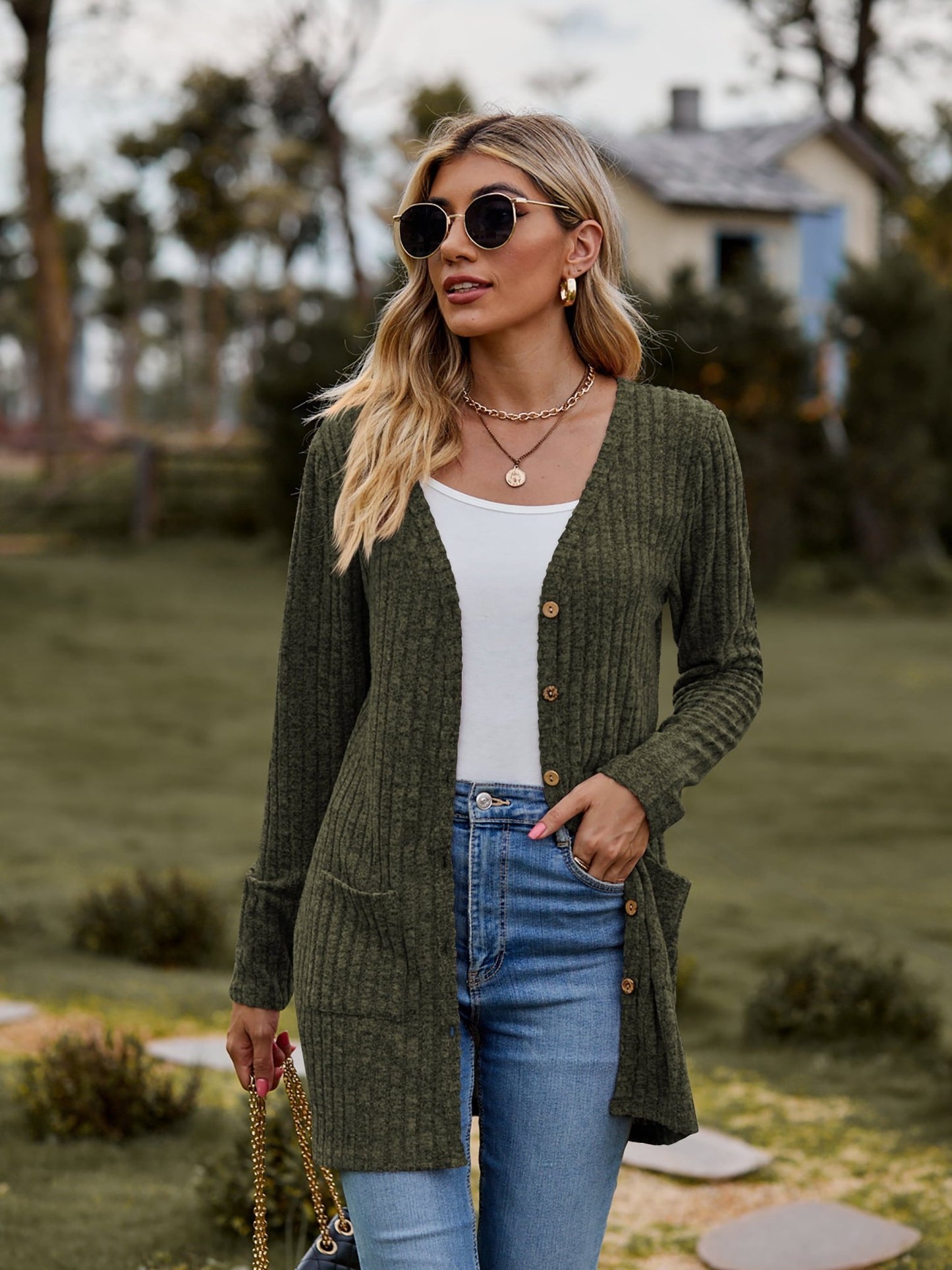 Ribbed Button Cardigan with Pockets - Global Village Kailua Boutique
