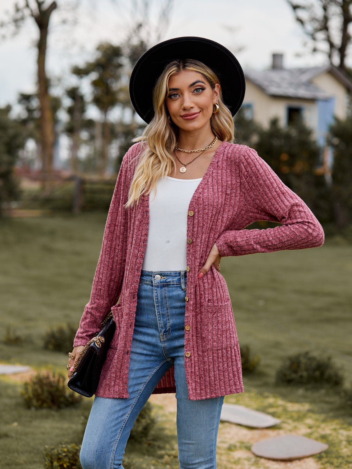 Ribbed Button Cardigan with Pockets - Global Village Kailua Boutique