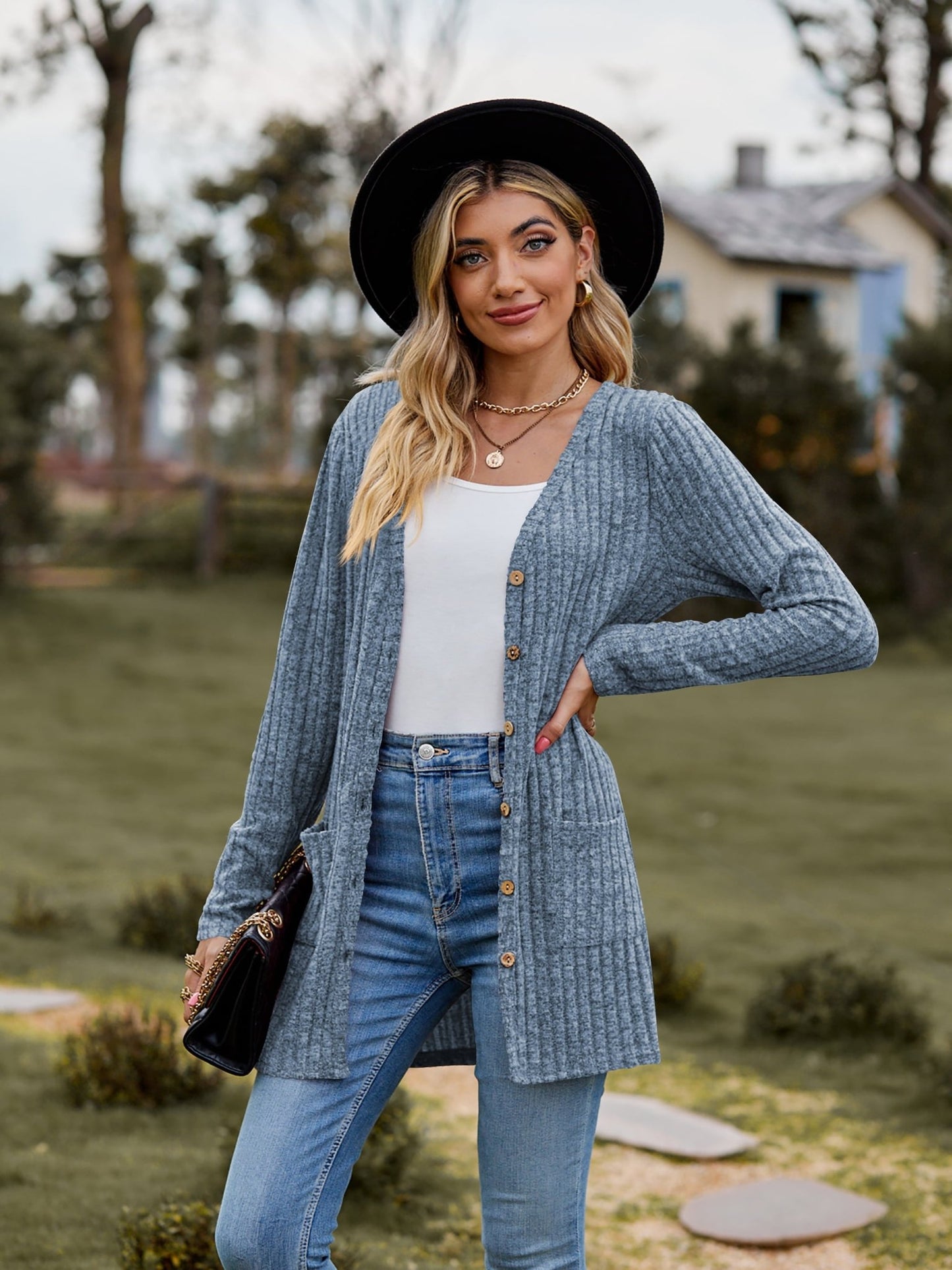 Ribbed Button Cardigan with Pockets - Global Village Kailua Boutique