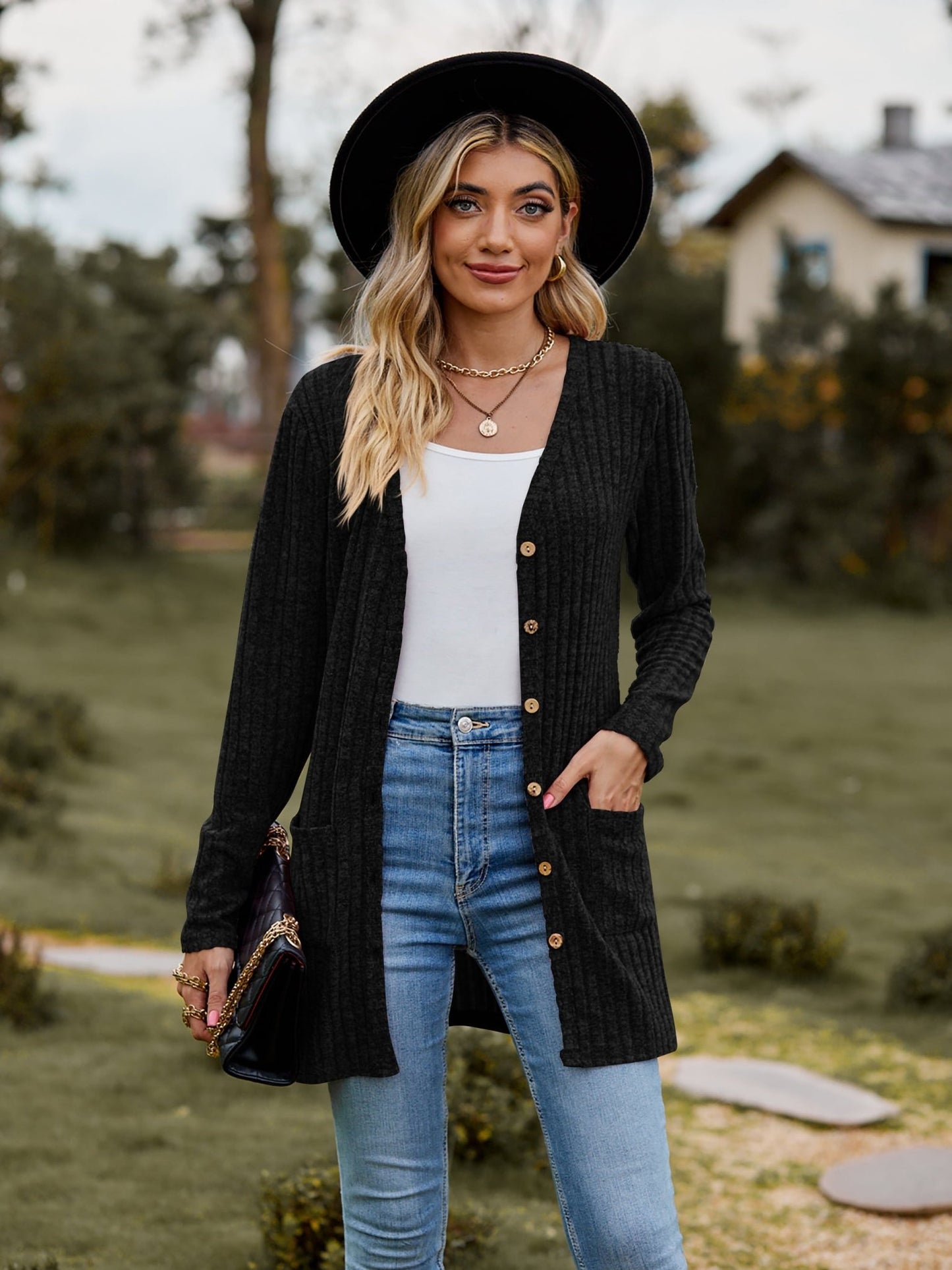 Ribbed Button Cardigan with Pockets - Global Village Kailua Boutique