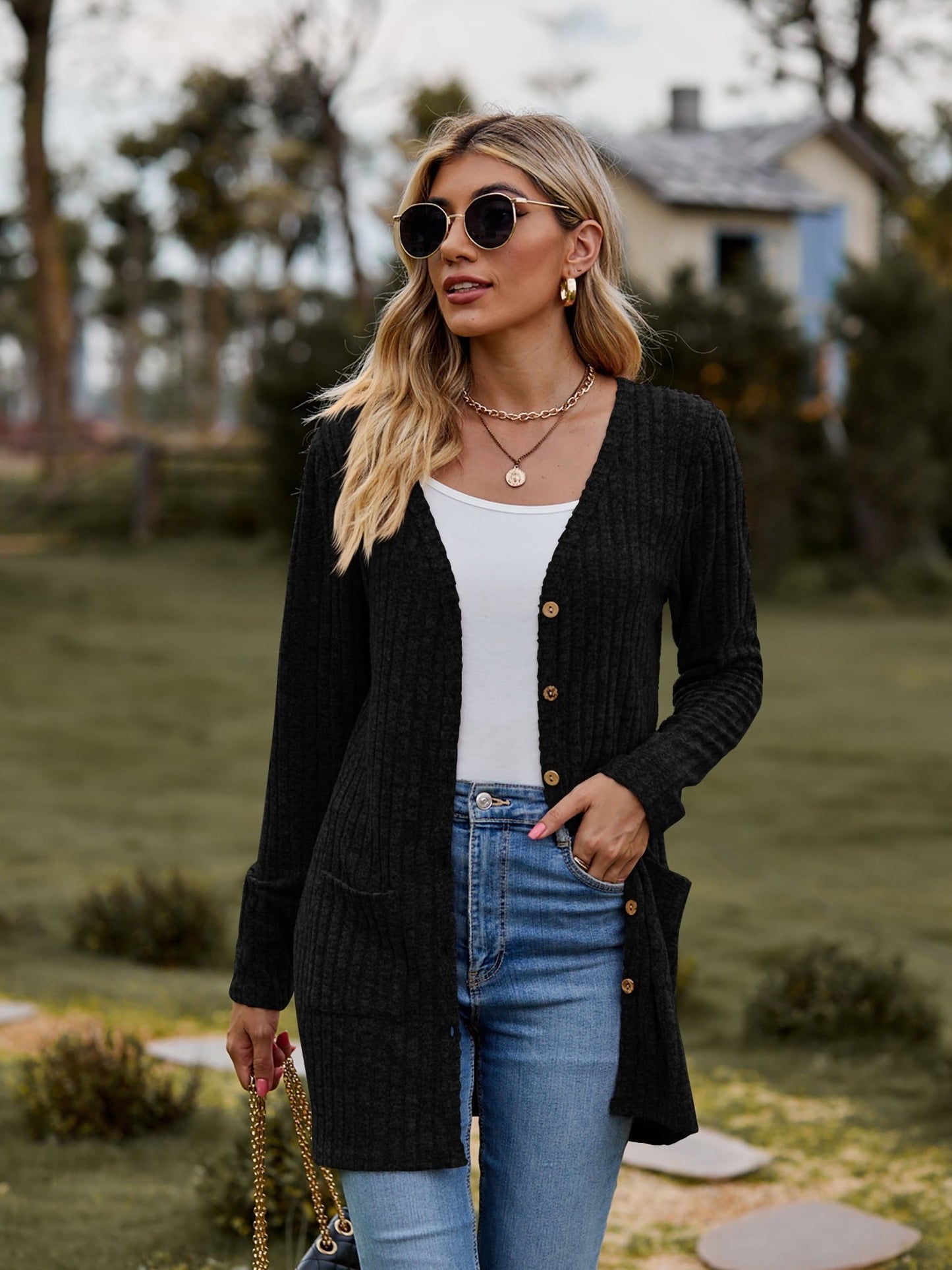 Ribbed Button Cardigan with Pockets - Global Village Kailua Boutique
