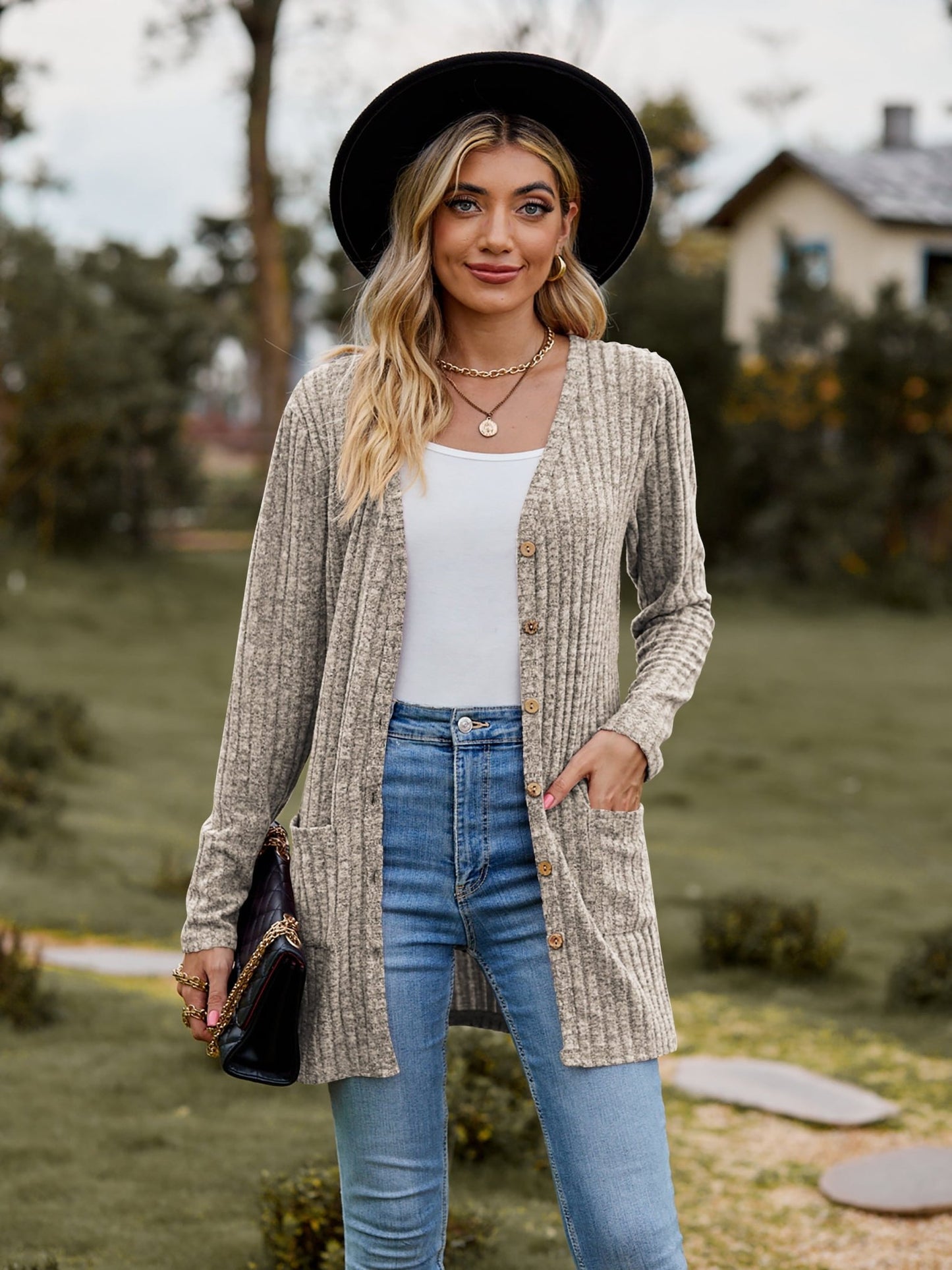 Ribbed Button Cardigan with Pockets - Global Village Kailua Boutique