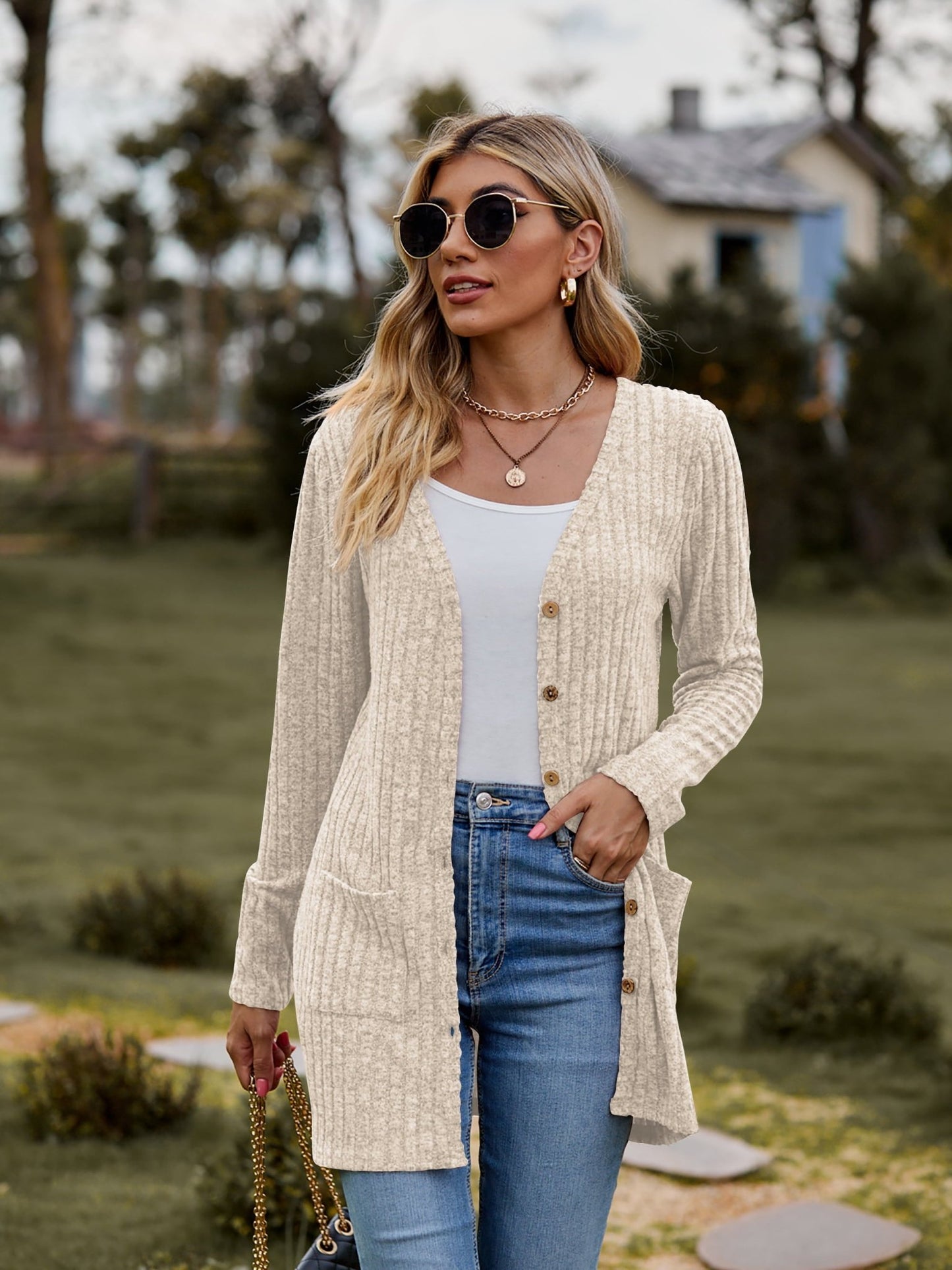 Ribbed Button Cardigan with Pockets - Global Village Kailua Boutique