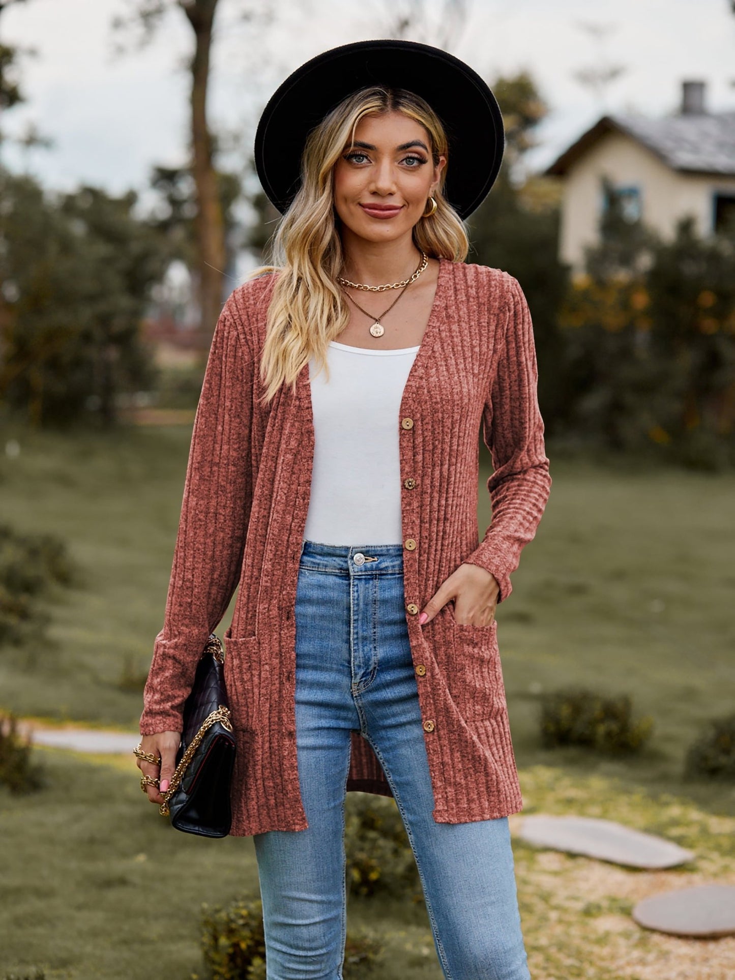 Ribbed Button Cardigan with Pockets - Global Village Kailua Boutique