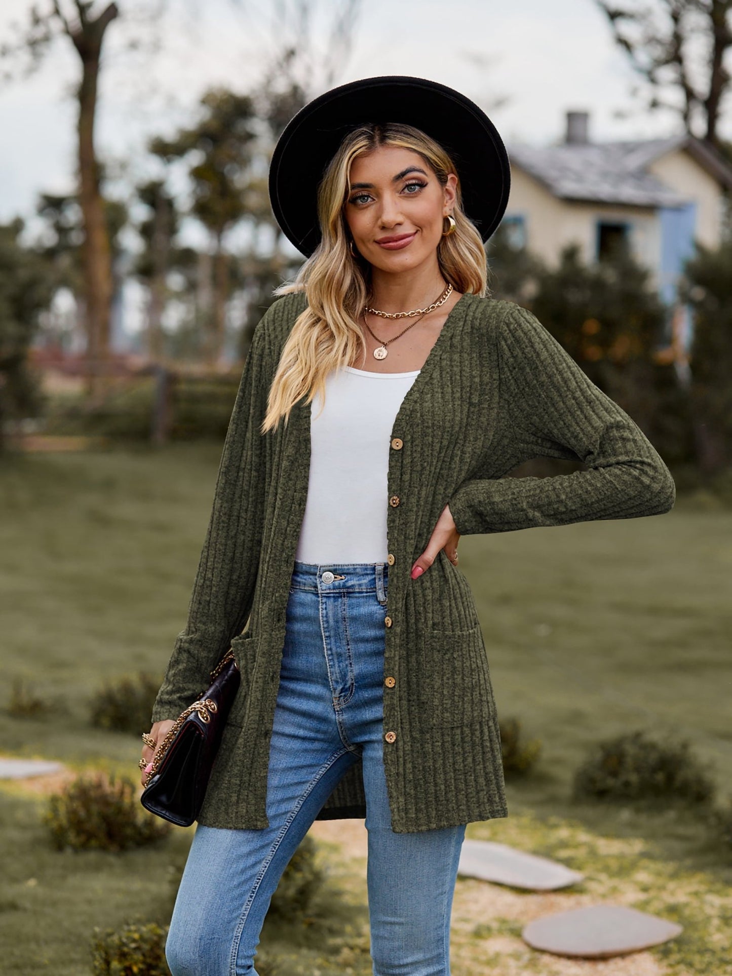 Ribbed Button Cardigan with Pockets - Global Village Kailua Boutique