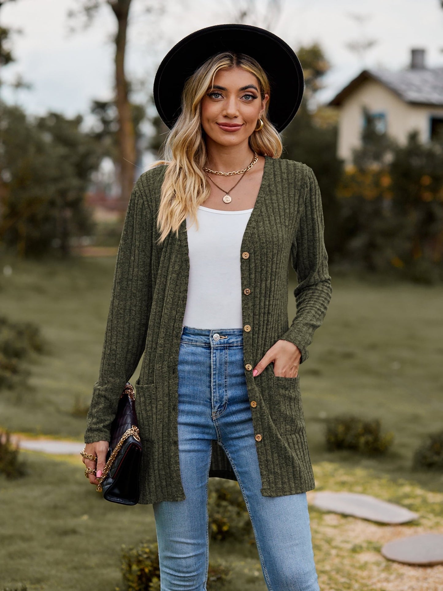 Ribbed Button Cardigan with Pockets - Global Village Kailua Boutique