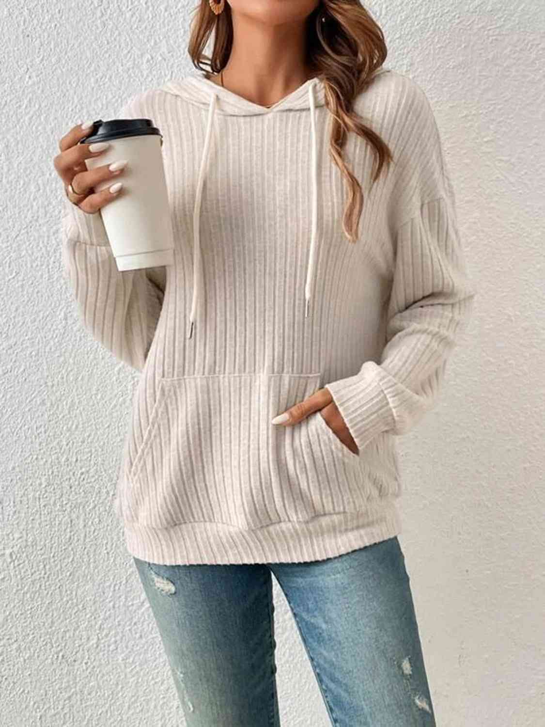 Ribbed Dropped Shoulder Drawstring Hoodie Global Village Kailua Boutique